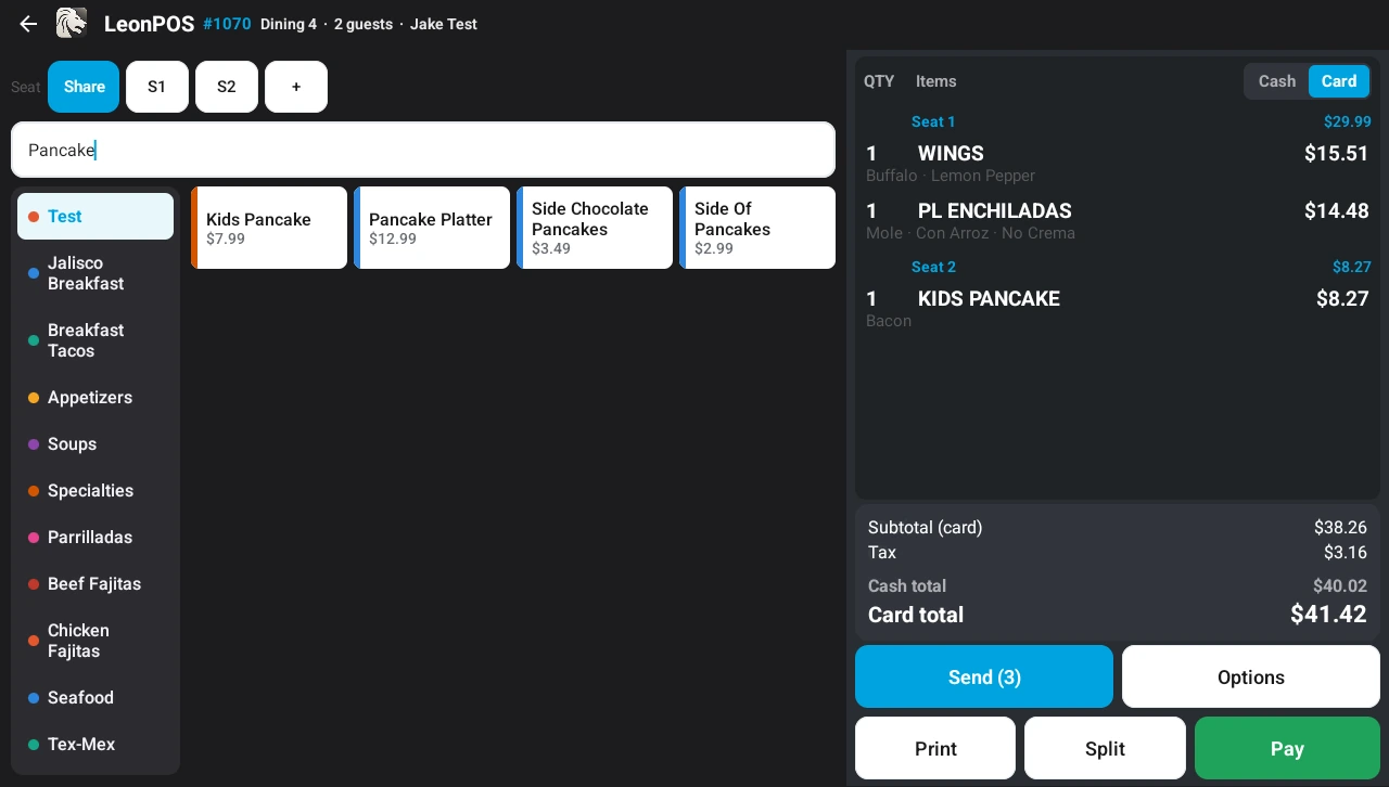 The real LeonPOS order screen: menu categories on the left, menu items in the middle, and the guest's ticket with totals on the right